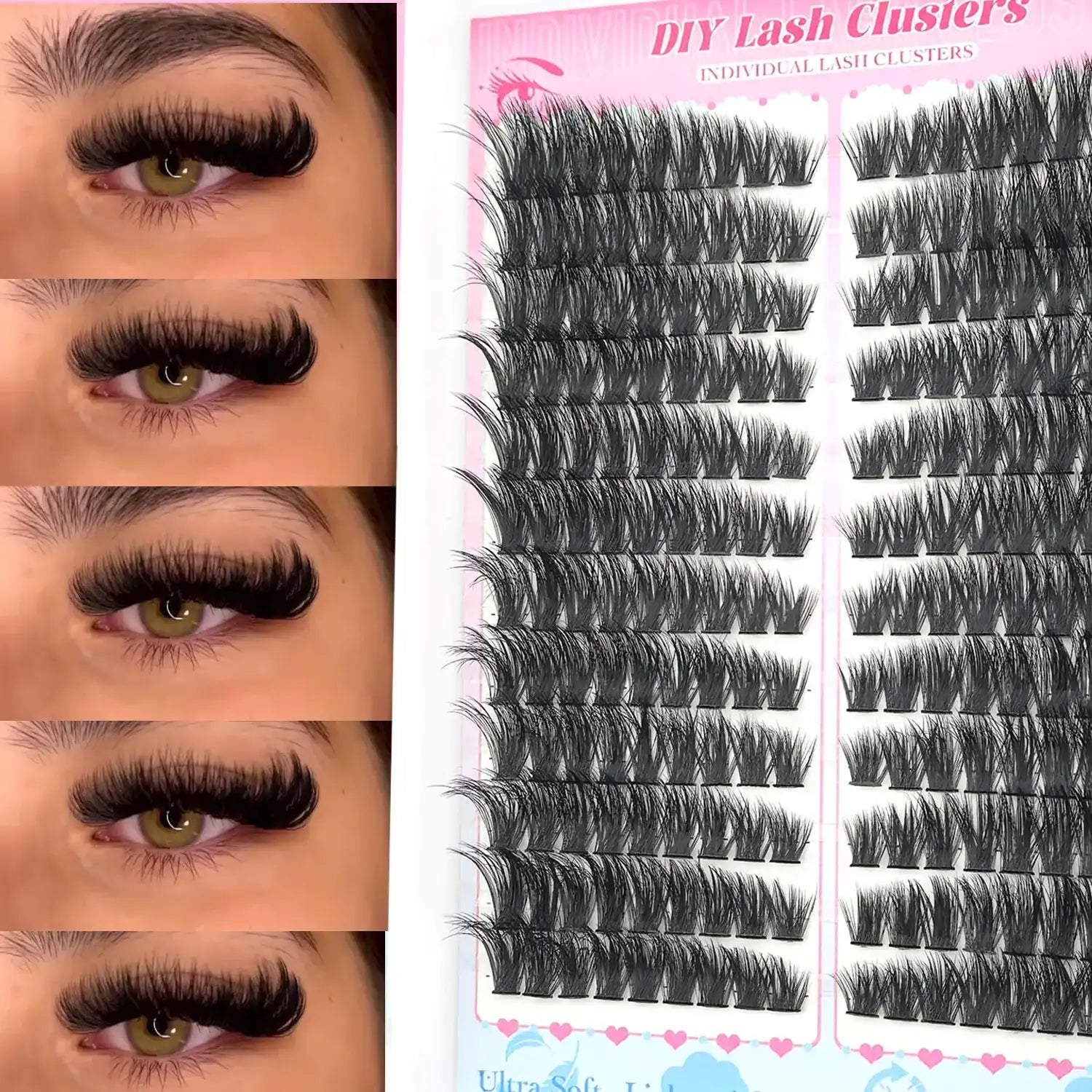 Tidesmit DIY lash cluster set featuring 0.05mm ultra-lightweight black lashes shown on a tray and applied on an eye.