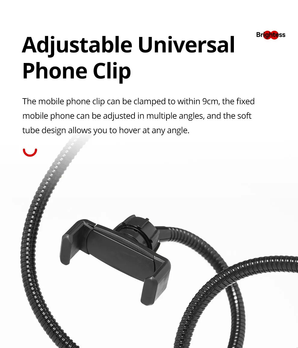 Black, flexible gooseneck phone mount with an adjustable clamp for positioning mobile devices at any angle.