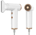 White and gold portable high-speed hair dryer with nozzle attachment, 110k RPM brushless motor, and sleek design.