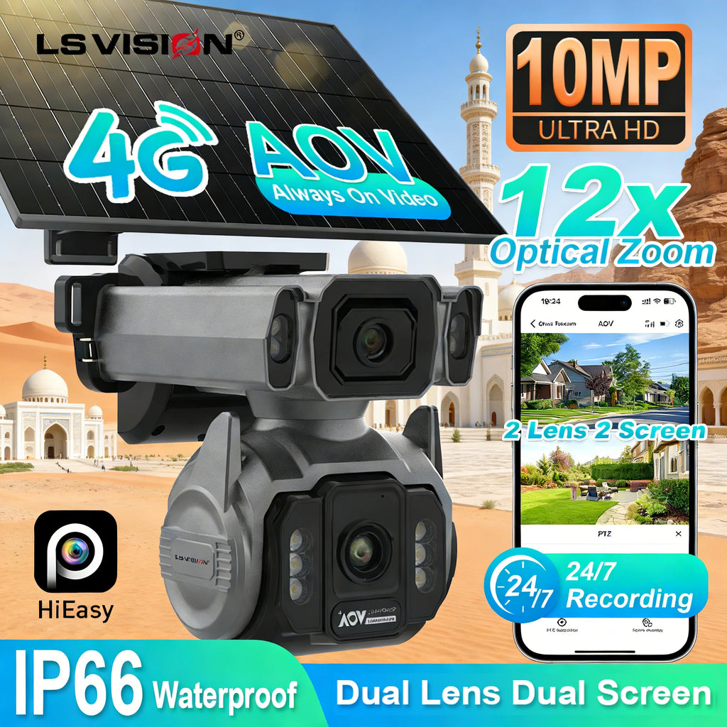 LS VISION Outdoor Surveillance Solar Camera 4g 12X Optical Zoom Cctv Home Cam With 24/7 Video Recording Dual Screen AOV Tracking