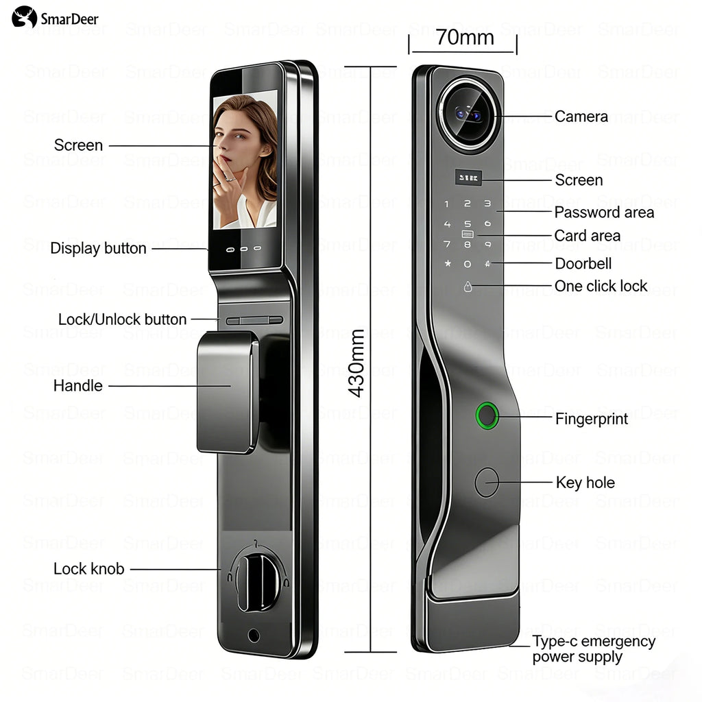 3D Facial Recognition Smart Door Lock with Video Doorbell Camera, Tuya WiFi Fingerprint Password Keyless Security Lock
