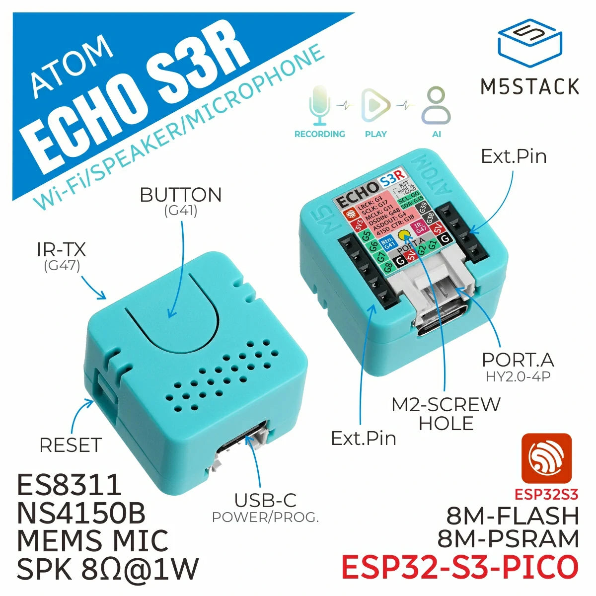 Original M5Stack ATOM Echo or Base ASR ESP32 Programmable Smart Speaker Development Board Kit For Home Assistant Voice Control