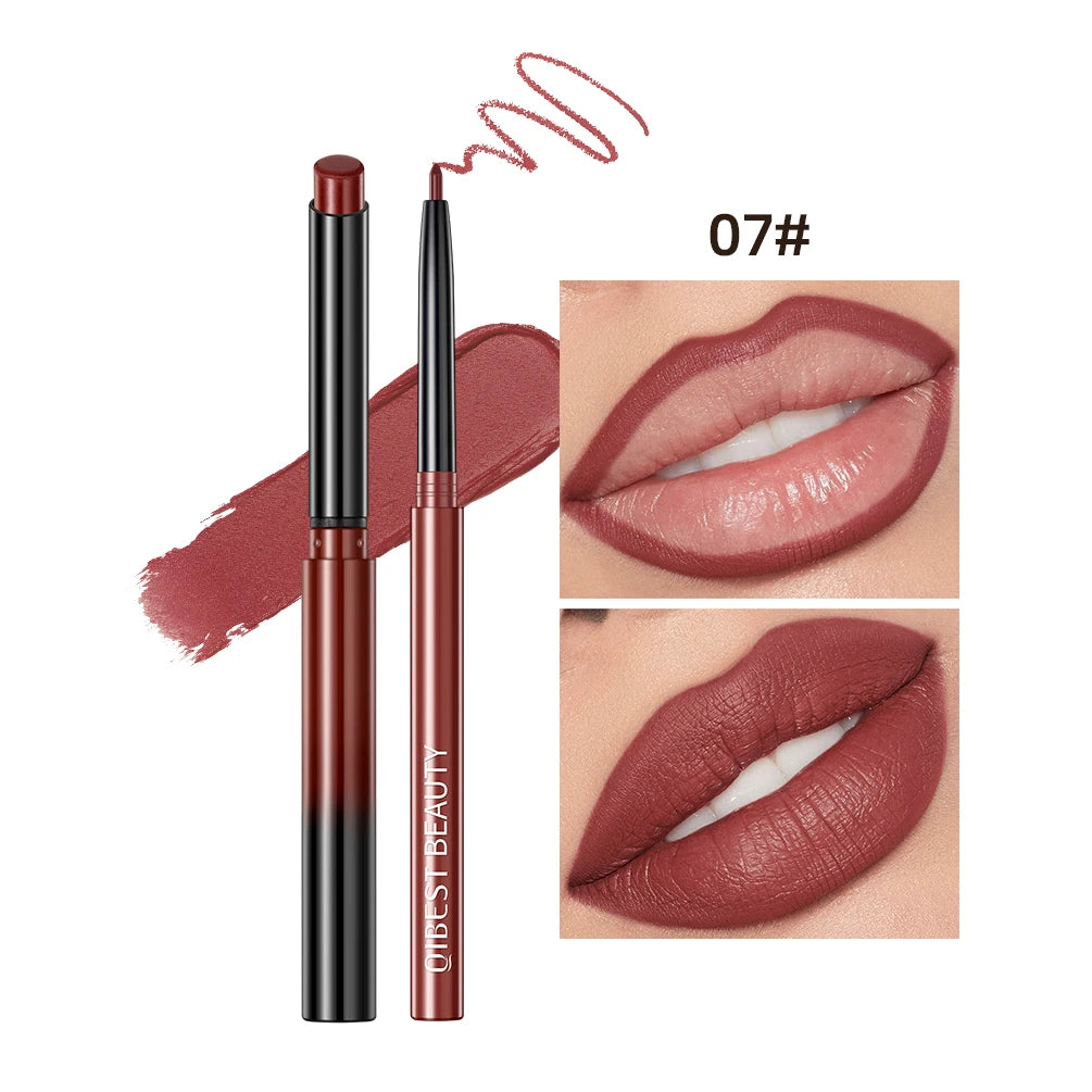 QIBEST 2pcs matte nude lipstick and lip liner set in deep red, long-lasting waterproof lip makeup, 07# shade.