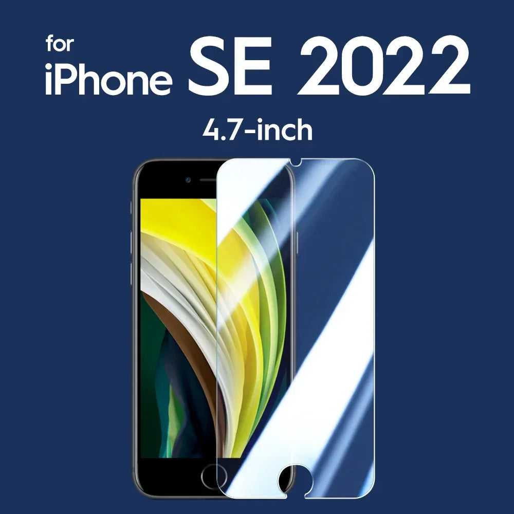 Clear tempered glass screen protector for 4.7-inch iPhone SE 2022 with a home button cutout.