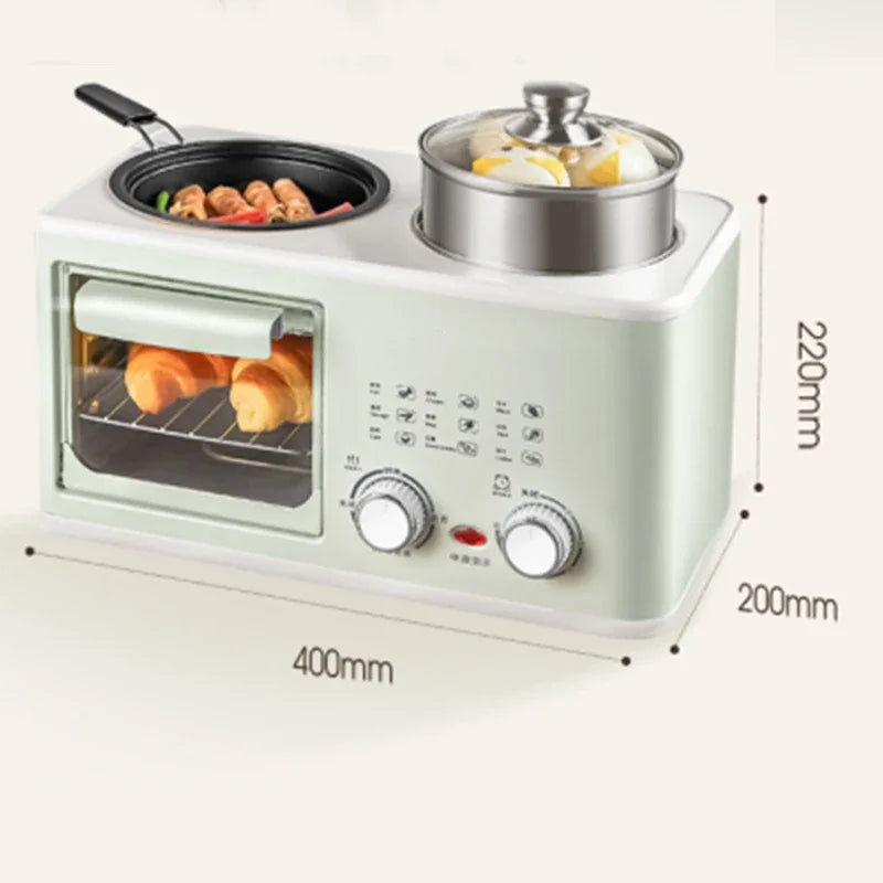 Mini 4-in-1 breakfast oven with mint body, open glass door, black skillet and steamer pot.