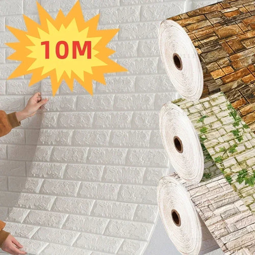 Self-adhesive 3D brick wallpaper roll, white textured foam brick effect