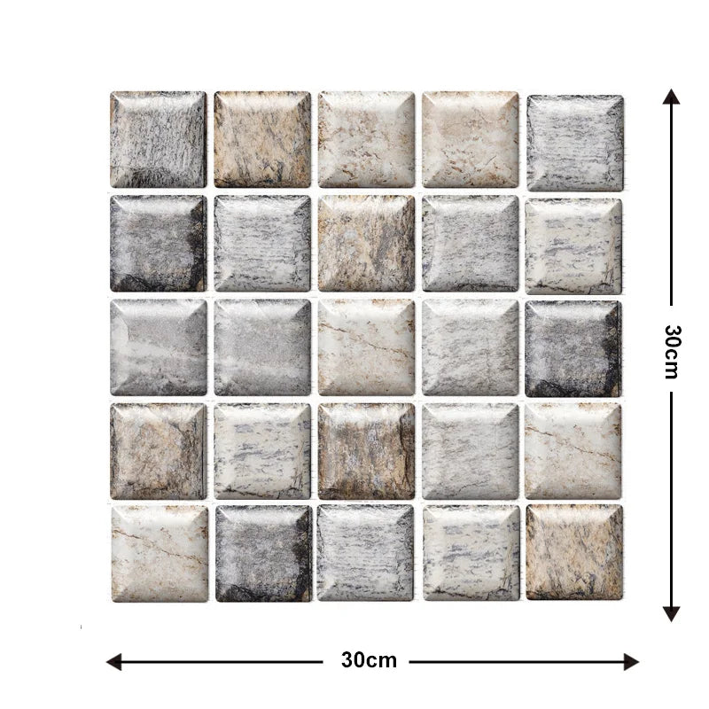 Gray stone-look peel-and-stick tile backsplash squares, 30 cm by 30 cm layout