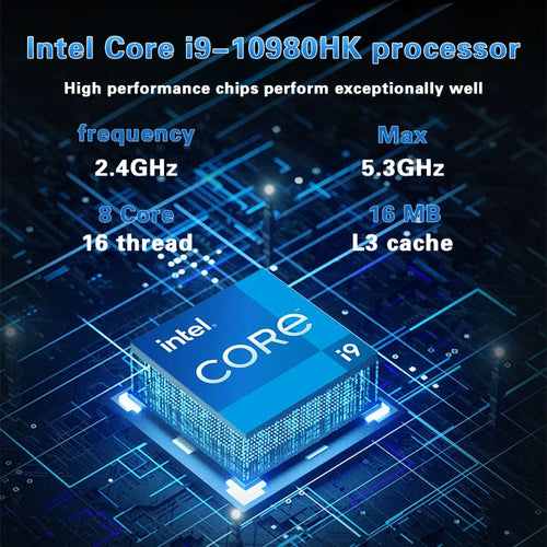 Digital graphic showing Intel Core i9-10980HK processor specs over a glowing blue circuit board background.