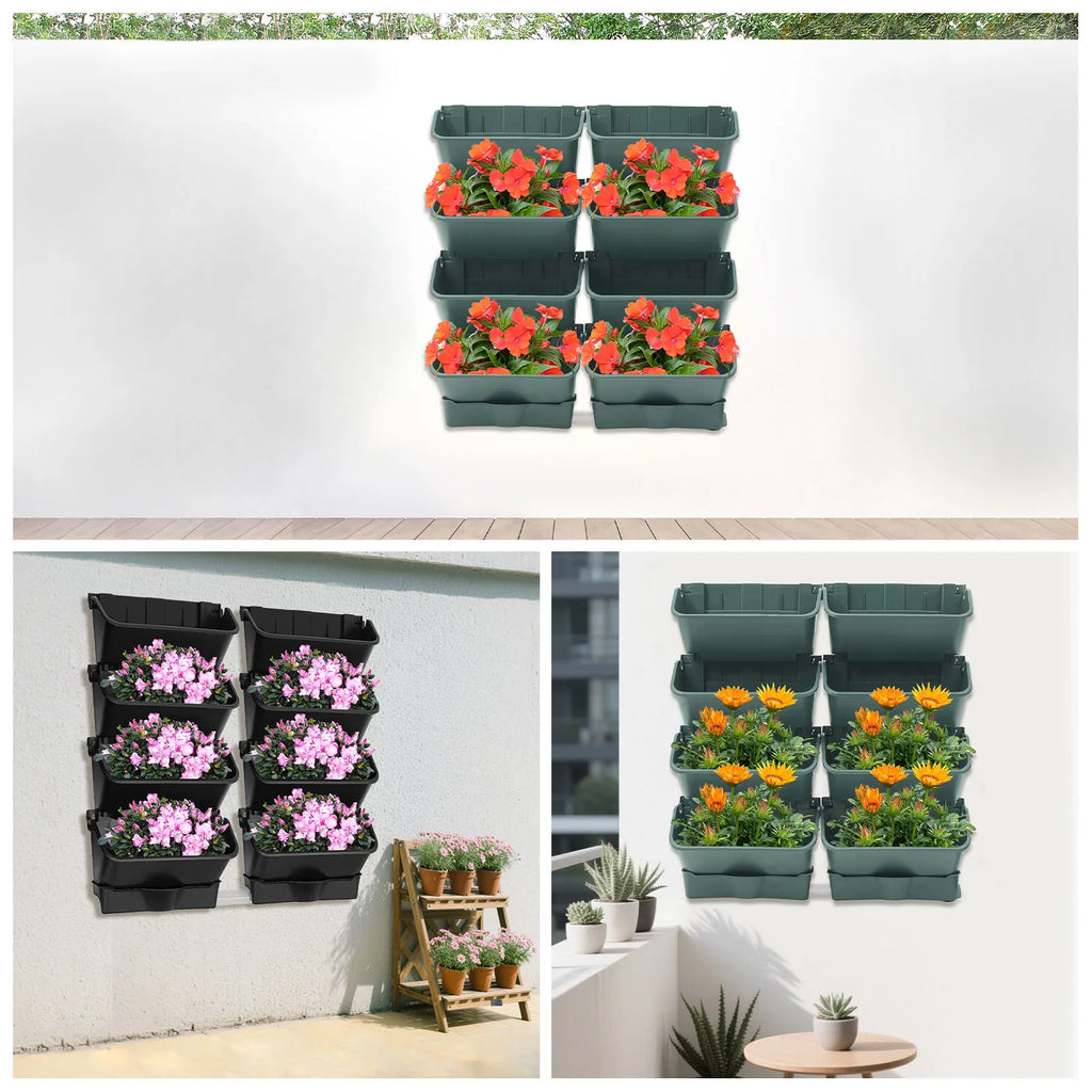 Wall-mounted vertical planter set collage with orange flowers and green planters, plus black set