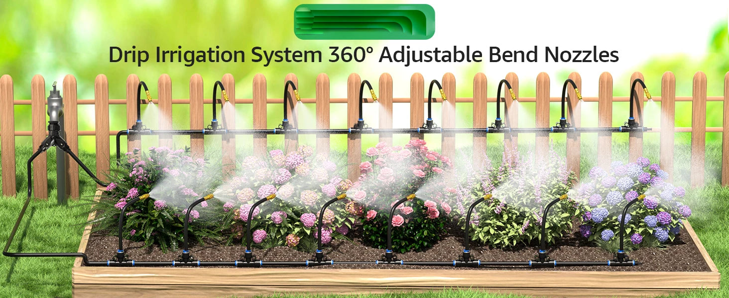 Drip irrigation sprinkler kit demo board with rows of bend nozzles spraying mist
