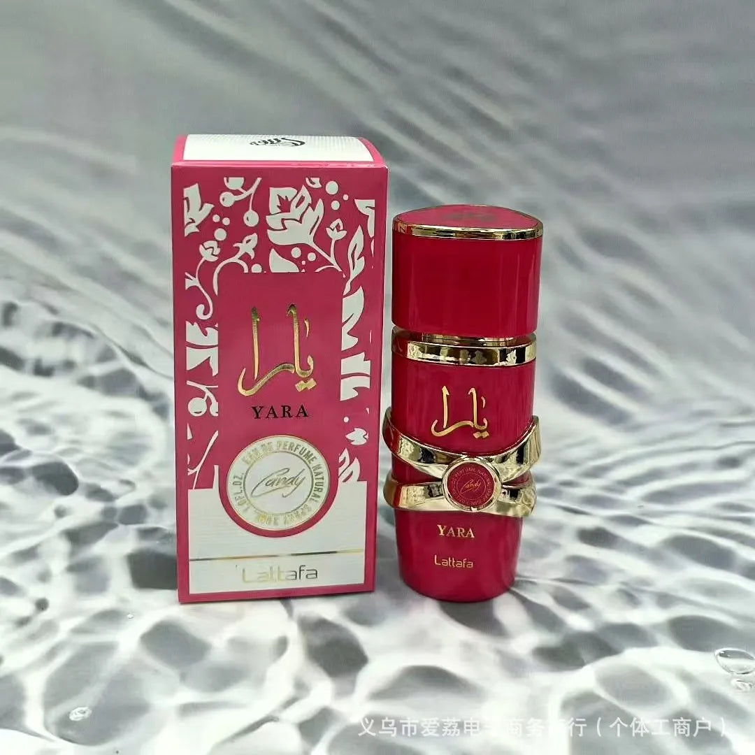 Lattafa Yara Candy 30ml EDP: Pink floral oud fragrance in a luxury gold-accented bottle for men and women.