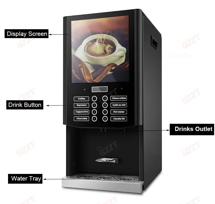 GZZT black commercial coffee machine with touchscreen display, button panel, and stainless steel drip tray.