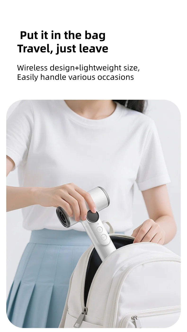 White portable cordless hair dryer being packed into a backpack for travel. Compact, high-speed, rechargeable design.