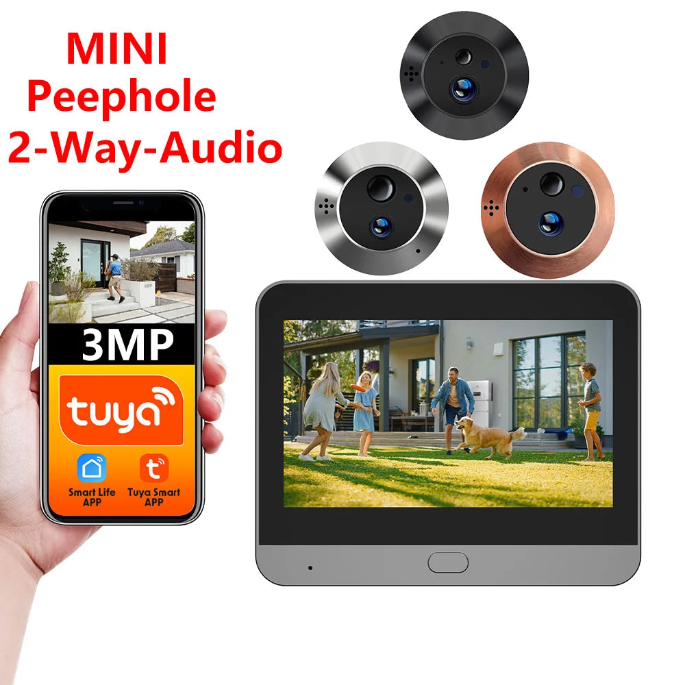 Battery Powered MINI Two Way Talk Tuya SmartLife APP 3MP Wide View 2.4G WiFi 940NM Infrared Digital Door Peephole Eye PIR Camera