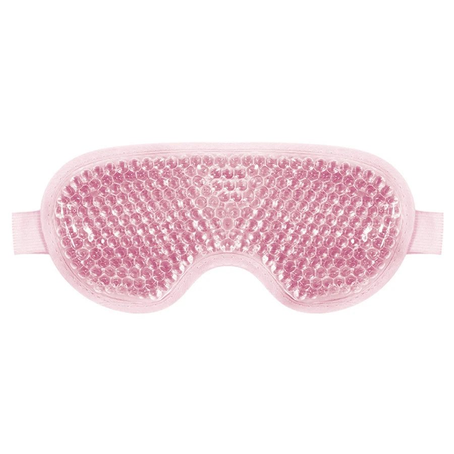Pink gel bead cooling eye mask with a fabric trim and an elastic strap for hot or cold facial therapy.