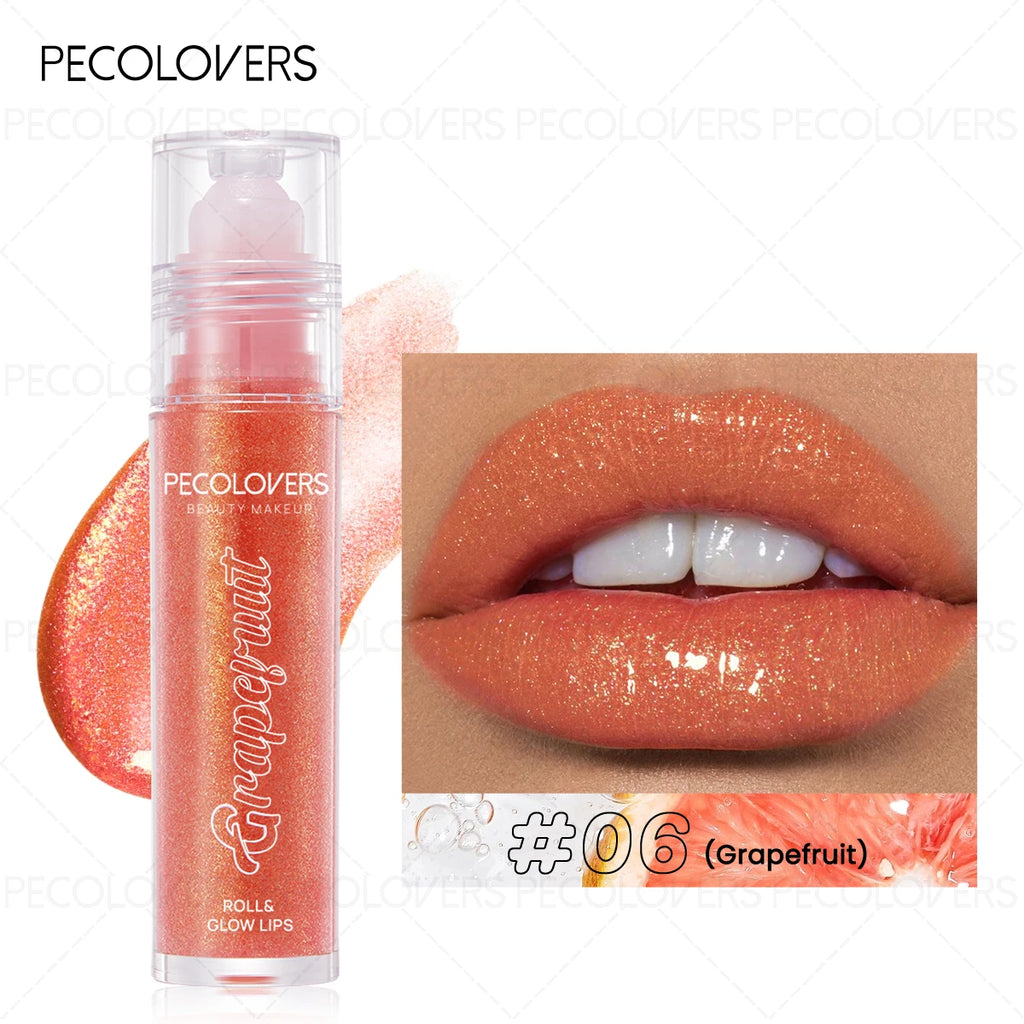 Grapefruit shimmering moisturizing lip gloss in a roll-on tube for a long-lasting, natural makeup look.