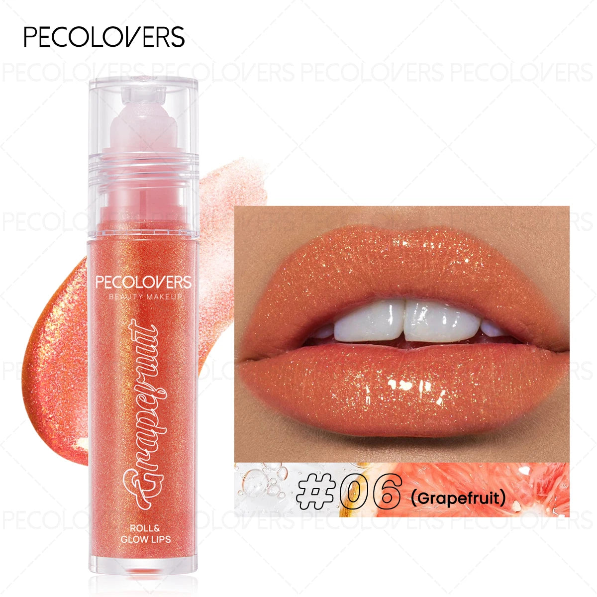 Grapefruit shimmering moisturizing lip gloss in a roll-on tube for a long-lasting, natural makeup look.
