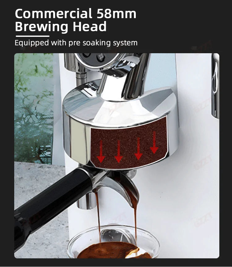 GZZT espresso machine 58mm chrome brewing head with integrated pre-soaking system and black portafilter in action.