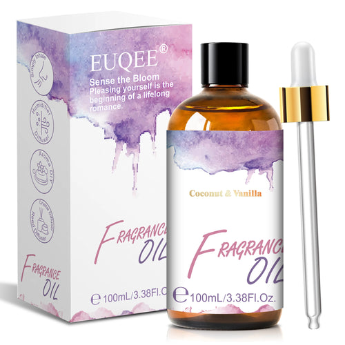 EUQEE Coconut & Vanilla essential oil in amber bottle with watercolor packaging for home aromatherapy wellness.