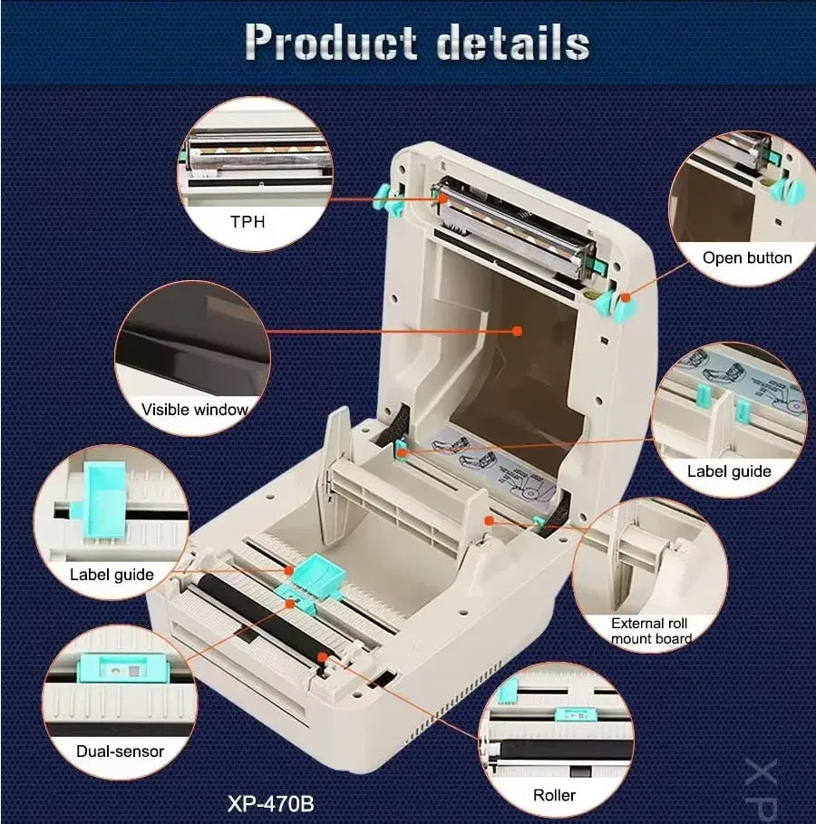 Desktop thermal label printer with open top cover showing label guide and internal roller