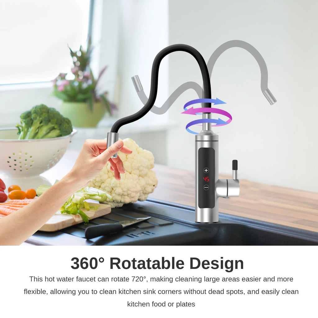 Instantaneous Water Heater Tap with Temperature Display,360° Rotatable Stainless Steel Kitchen Electric Heating Faucet