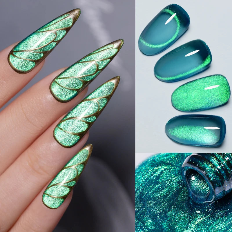 Emerald green cat-eye gel nail polish set, showing long stiletto nails with gold wing designs and swatches.