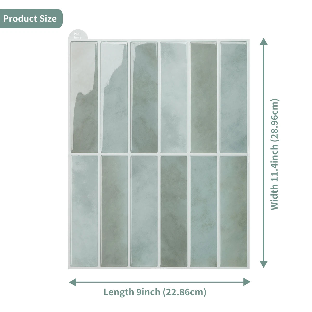 Square tile wall sticker mosaic set in green-gray, peel-and-stick backsplash panels