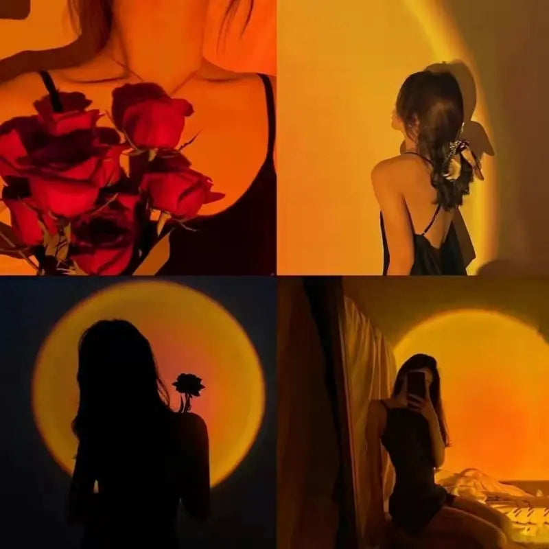 Sunset projection lamp casting a circular, warm golden light against a wall, used for ambient mood lighting.