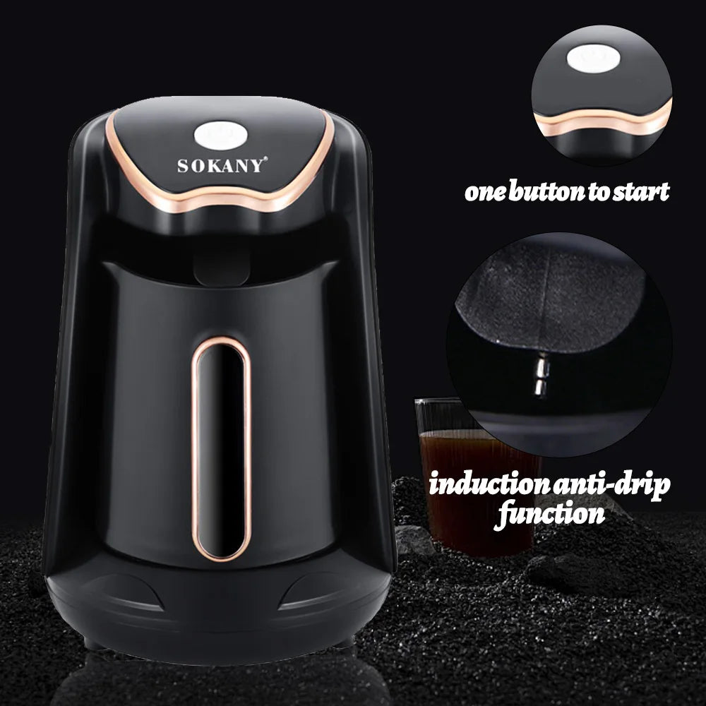 Sokany black and rose gold electric coffee maker with one-touch button and induction anti-drip function.