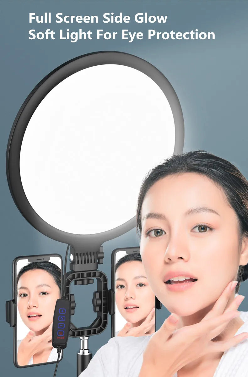 Round black LED ring light with a white diffuser for soft, eye-protecting studio illumination during video recording.