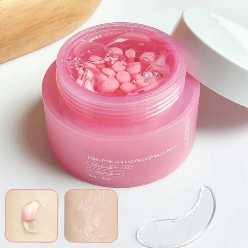 Open jar of pink PDRN collagen capsule cream with translucent gel base, white lid, and skin texture swatches below.
