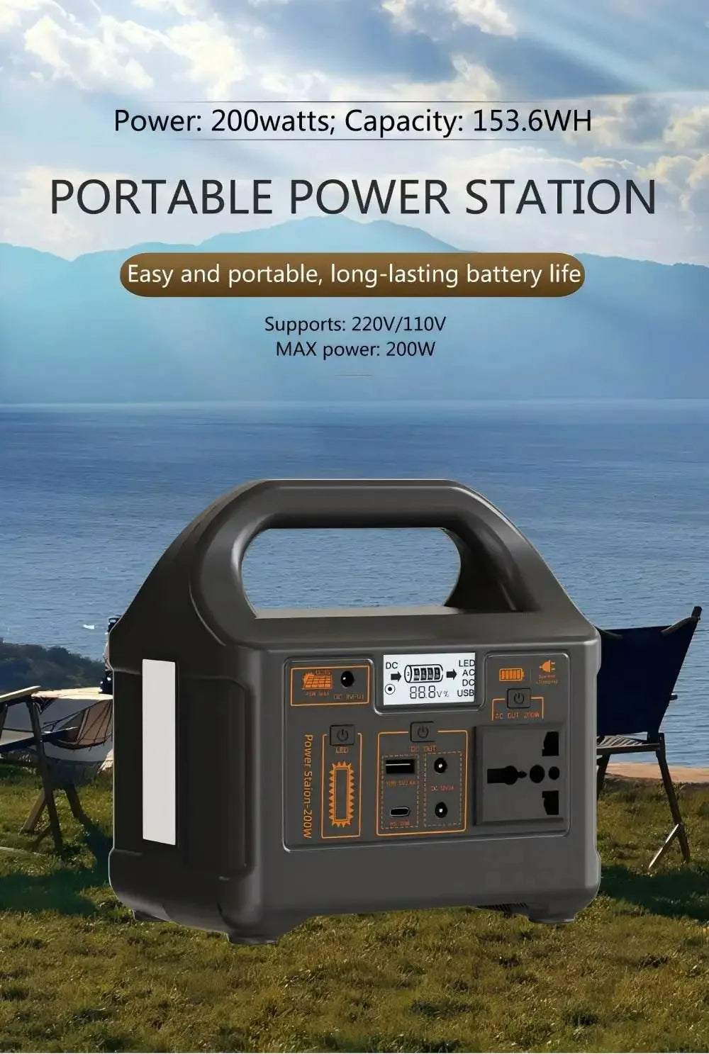 200W Portable Power Station 153.6Wh LiFePO4 Battery AC 110V/220V Solar Generator for Power Bank Camping RV Emergency