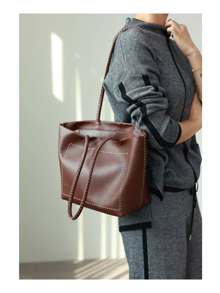 Women Large Capacity Genuine Leather Tote Soft Shoulder Bag