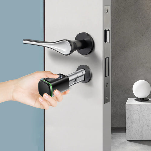 Black smart door lock installed on door, user activates lock with handheld device