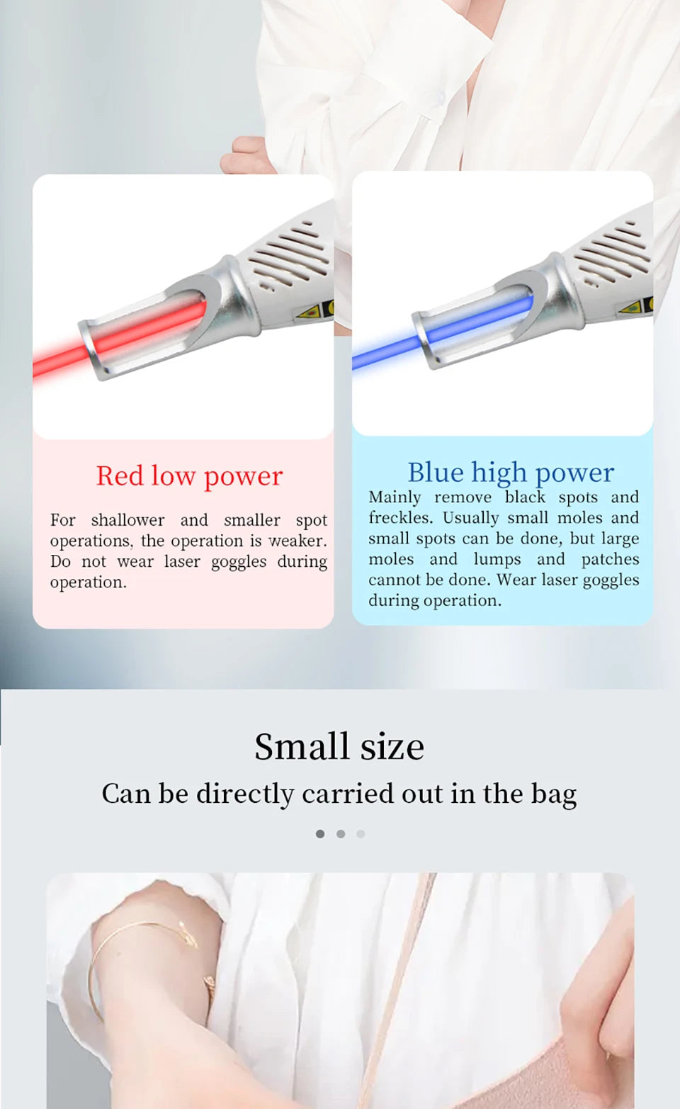 Portable picosecond laser pen for skin pigment, tattoo, and mole removal with red low-power and blue high-power light.