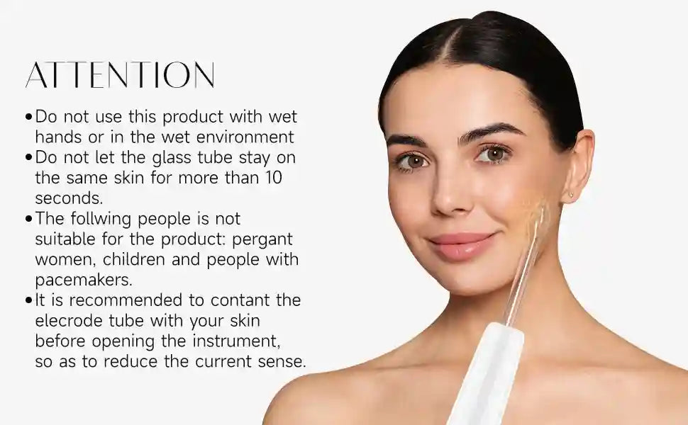A woman uses a white high-frequency wand with a glass electrode on her cheek, showing a glowing orange light effect.