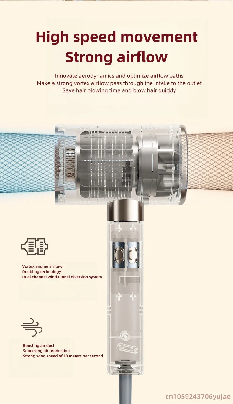 Transparent 2200W high-power silent hair dryer with vortex engine airflow technology for fast, professional drying.