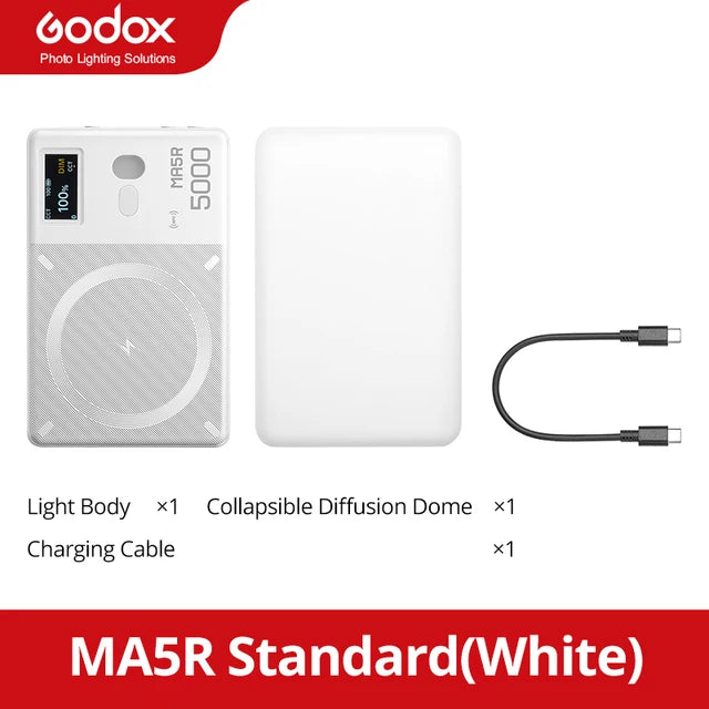 MA5R white LED light, rectangular with display, included diffusion dome, and USB-C charging cable for photography.