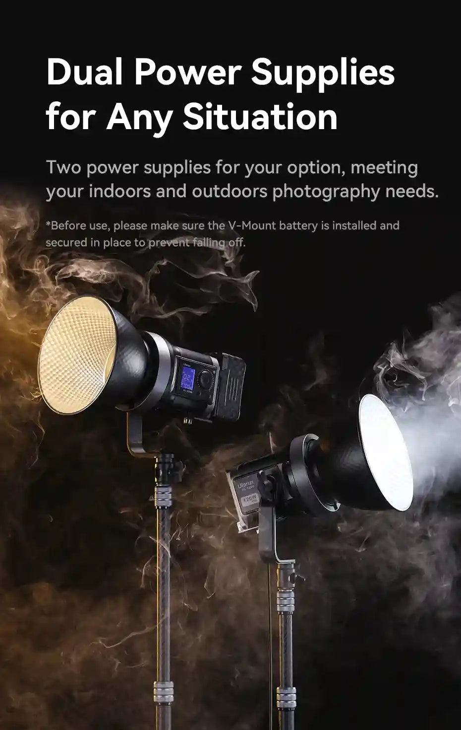 Two black photography LED lights with reflectors on stands, one battery-powered and one corded, against dark smoke.