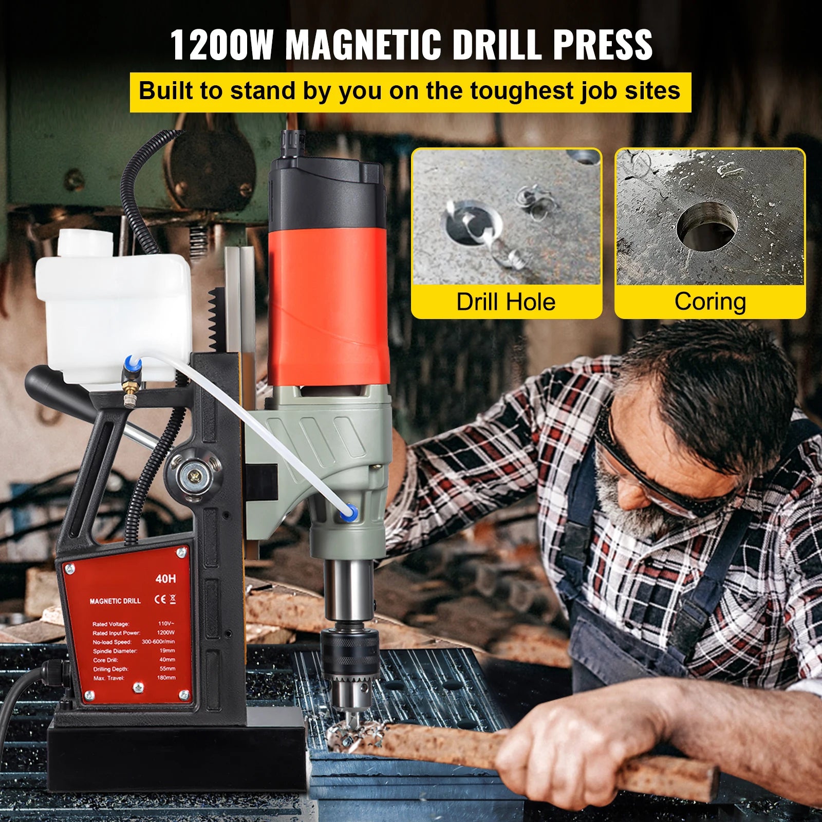 SucceBuy Magnetic Drill 1200W 1.57" Boring Diameter 2922lbf/13000N Portable Electric Mag Drill Press 580 RPM Drilling Machine