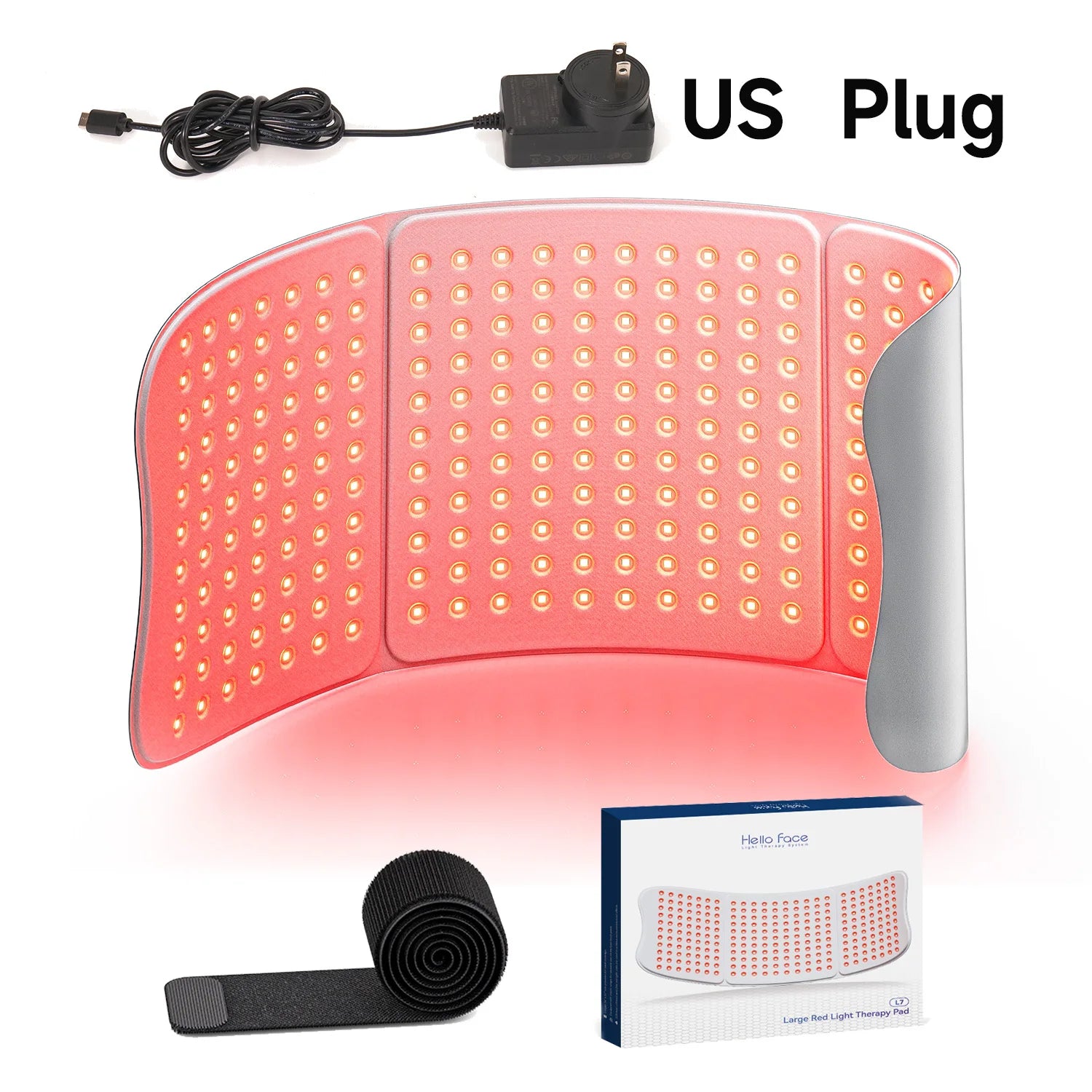 Hello Face L7 red light therapy pad with 792 LED chips, dual-wavelength 660nm 850nm, adjustable strap, and US plug.