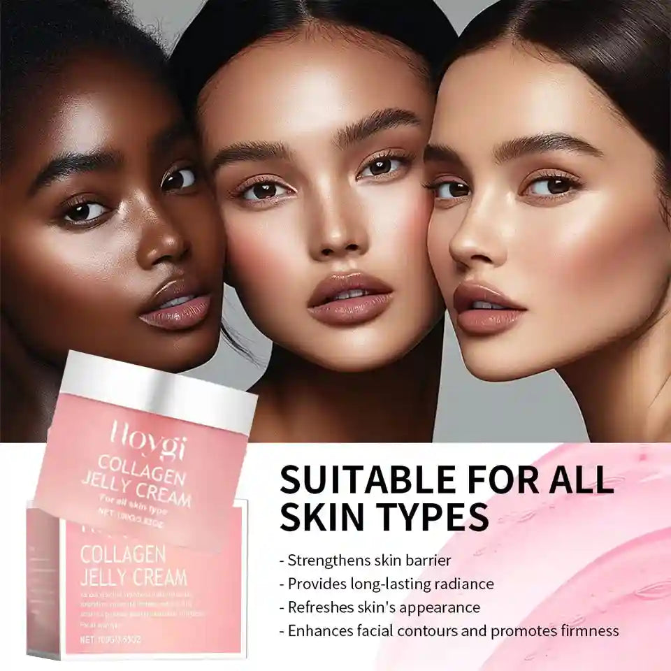 Three diverse women with glowing skin beside a pink jar and box of Hoygi Collagen Jelly Cream.