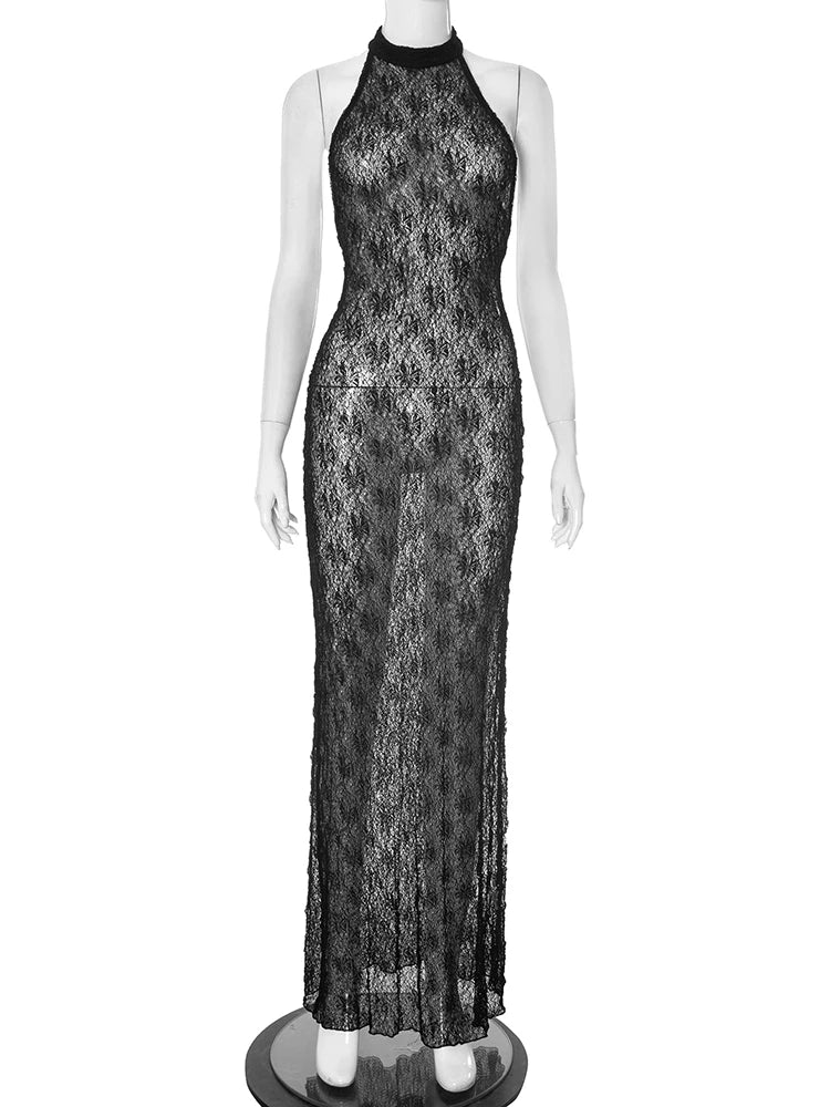 Weird Puss Mesh See Through Sexy Backless Maxi Dress Women Button Halter Sleeveless Midnight Trend Club Party Peach Hip Vestidos