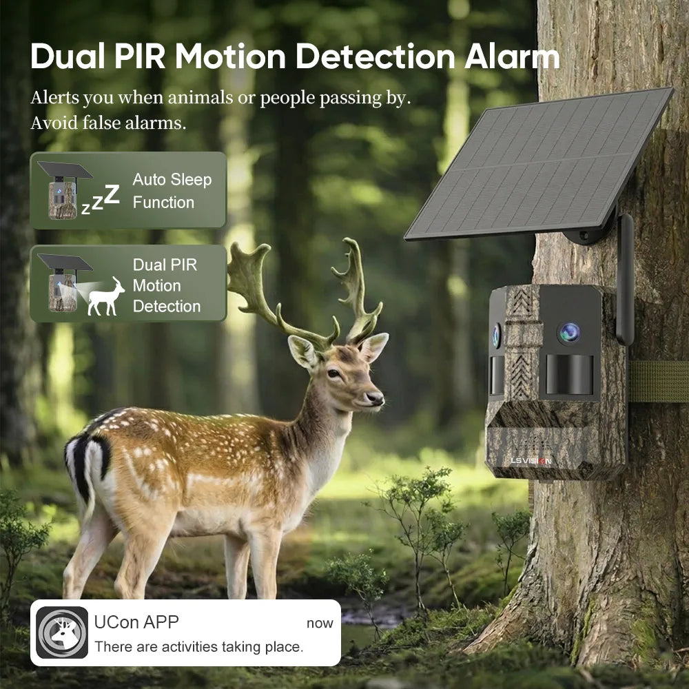 UCON 24MP 4G Solar Trail Camera Dual Screen Outdoor Cellular Trail Camera Dual PIR AI Animal Detection 0.2s Triggered Wildlife