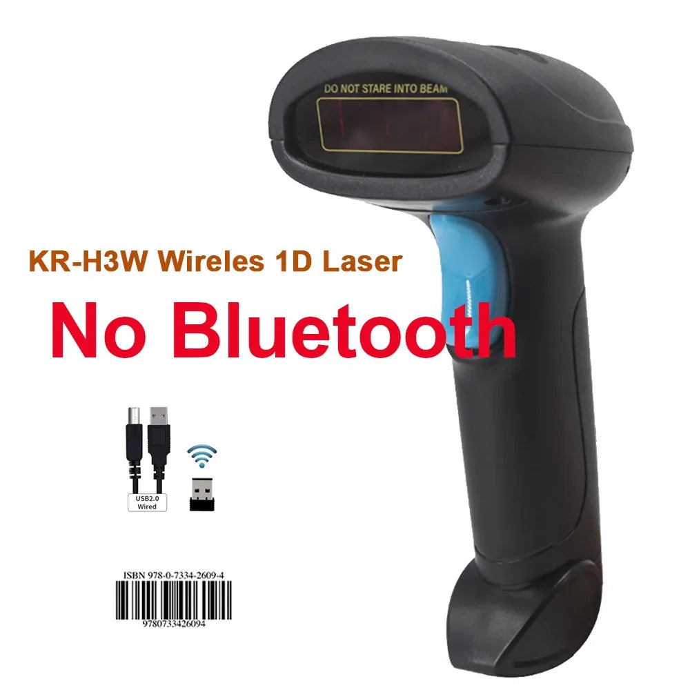 Wired 1D laser handheld barcode scanner, black with yellow indicator window and blue handle