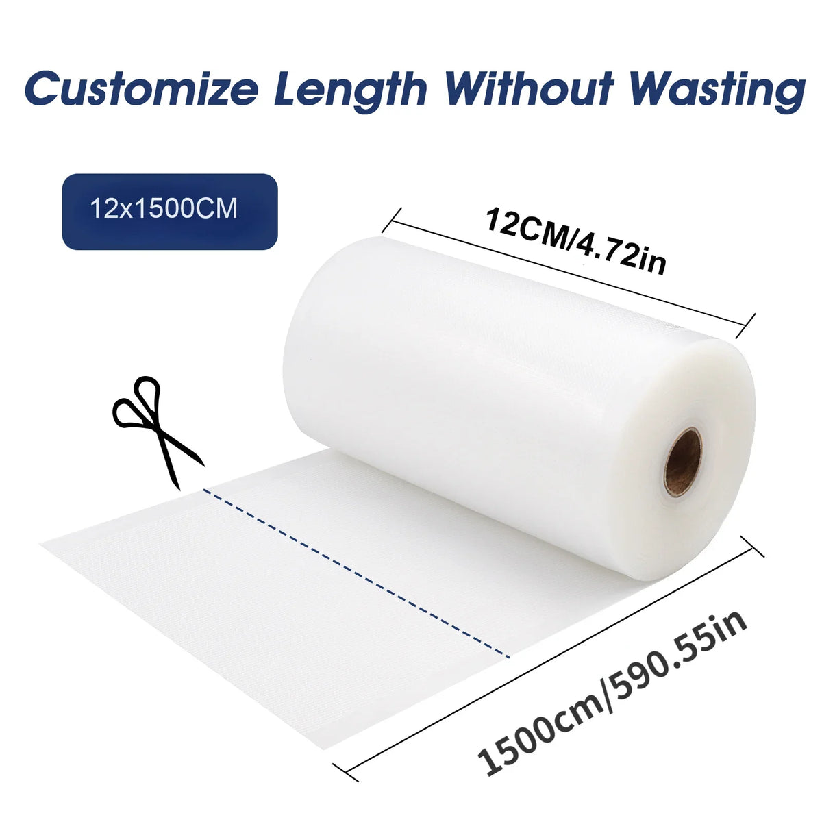 Vacuum sealer bag roll, 12 cm wide x 1500 cm long, white plastic film