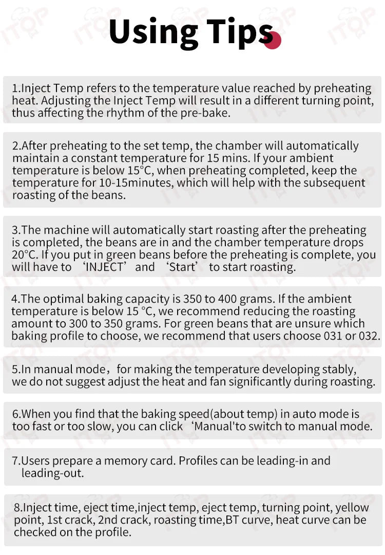 ITOP coffee bean roaster instructional guide for 350-400g capacity with preheating and manual temperature settings.