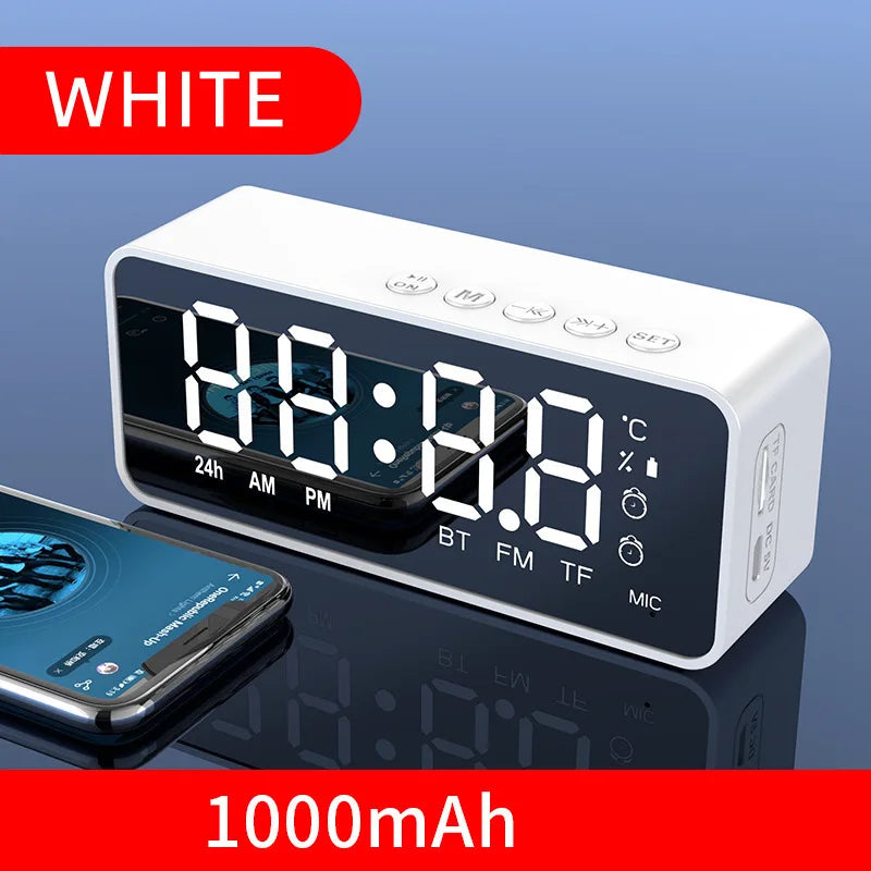 Portable Bluetooth speaker radio alarm clock, white case with LED time display and dial knob