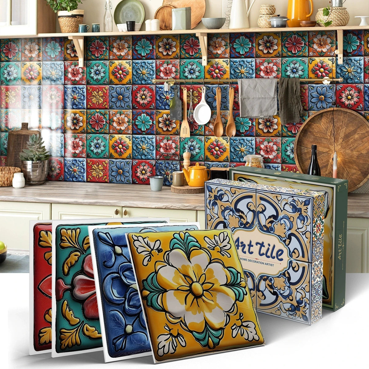 Mosaic tile sticker set, colorful floral mosaic squares for peel-and-stick backsplash