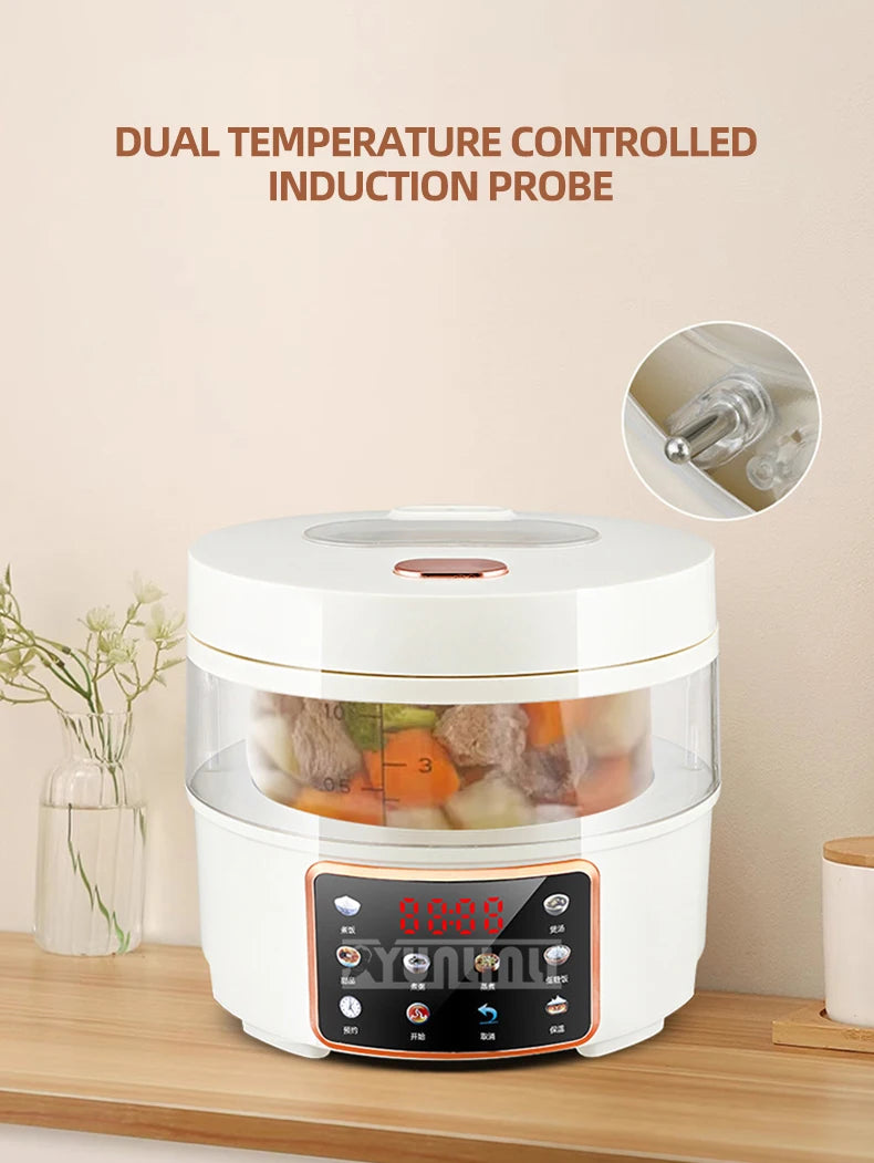 White rice cooker with glass chamber and inset close-up of lid mechanism